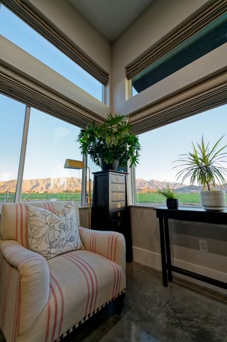 Bright custom home corner with striped armchair, indoor plants, and mountain view through large windows.